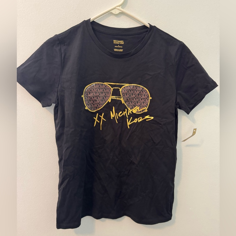 Michael Kors Black Tee with Gold Sunglasses Design